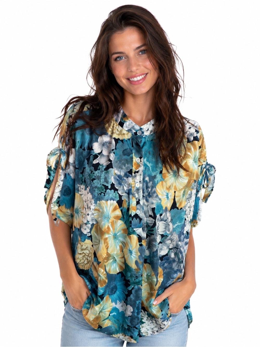 Vintage 70s Village Fair Floral Blouse Women’s XL XXL Blue Gold top
